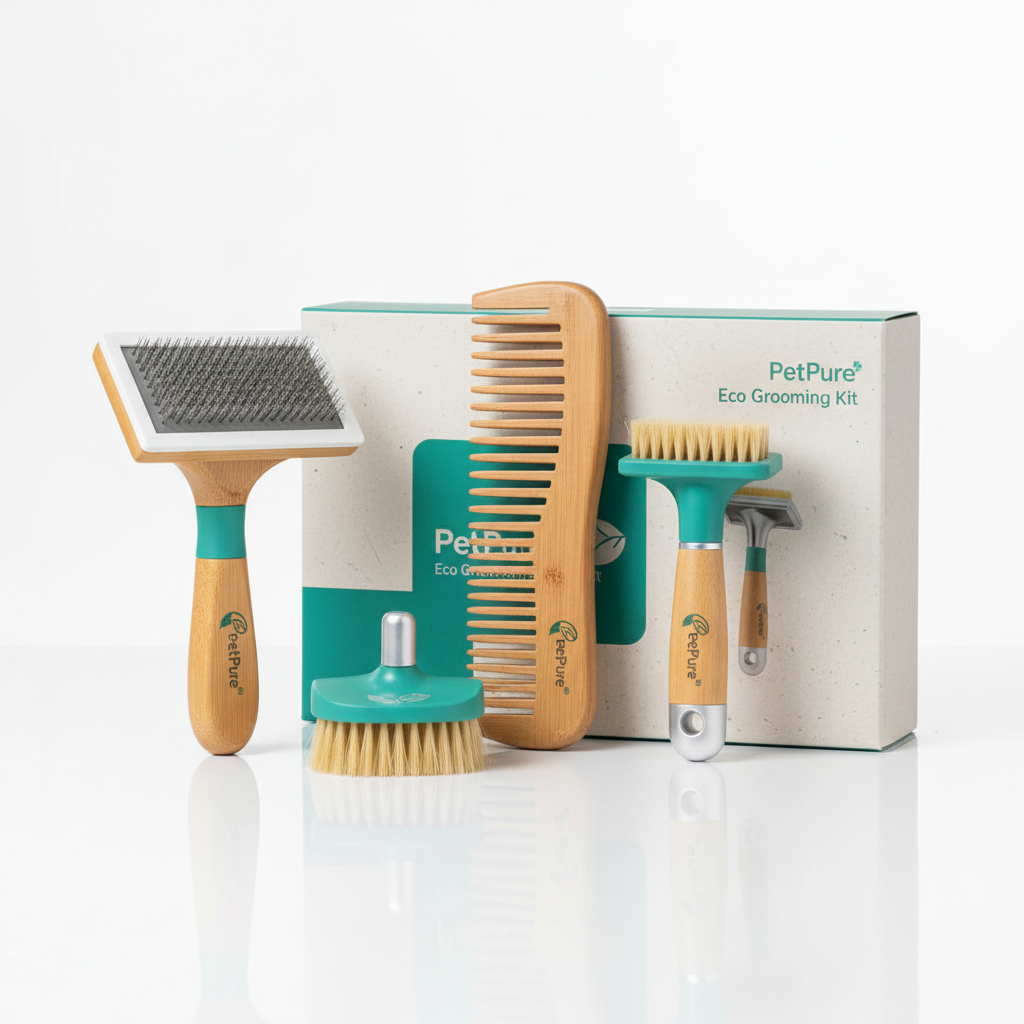PetPure Eco-Friendly Grooming Kit with bamboo brush, natural bristle comb and grooming mitt